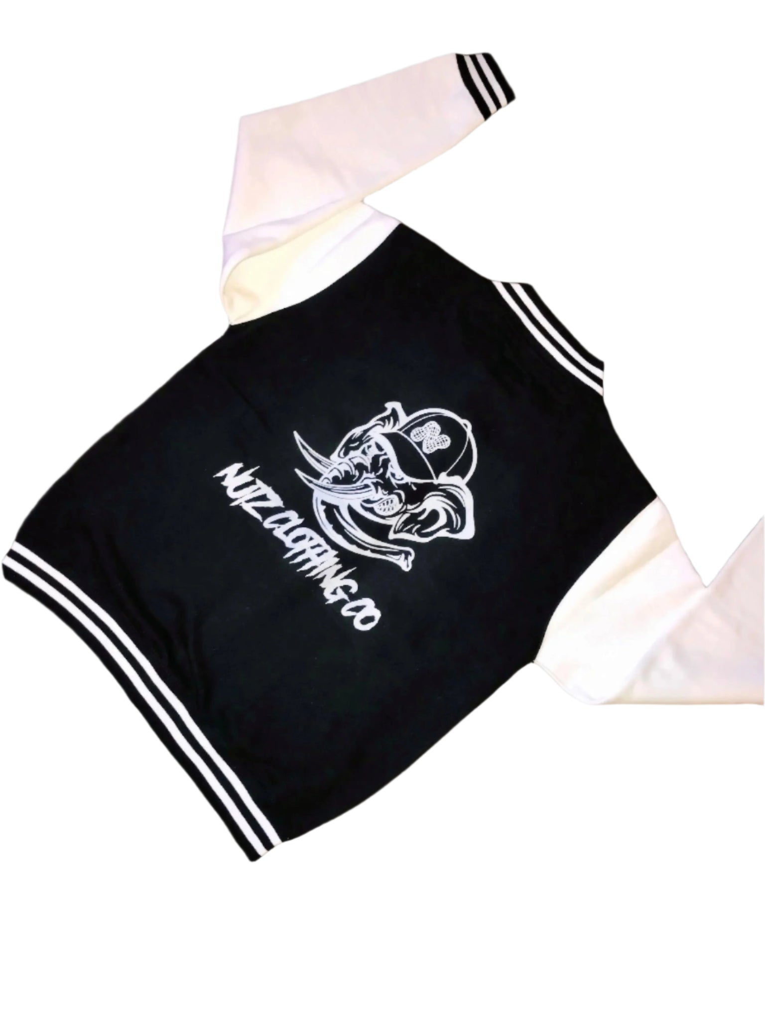 BLACK & OFF-WHITE "NUTZ CLOTHING CO" VARSITY JACKET