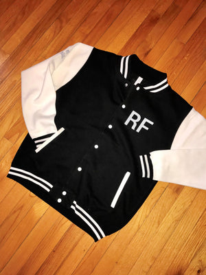 BLACK & OFF-WHITE "RICH FELON APPAREL" VARSITY JACKET