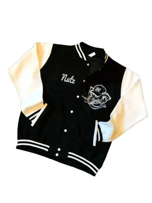 BLACK & OFF-WHITE "NUTZ CLOTHING CO" VARSITY JACKET