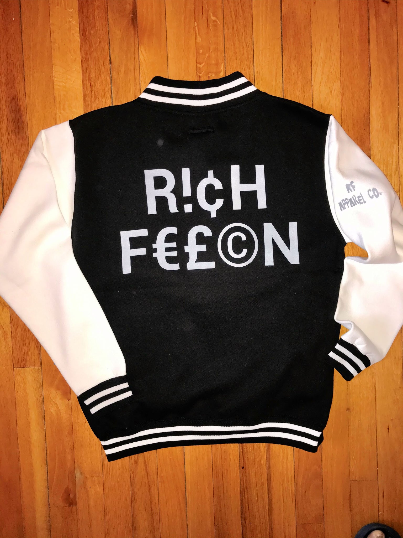 BLACK & OFF-WHITE "RICH FELON APPAREL" VARSITY JACKET